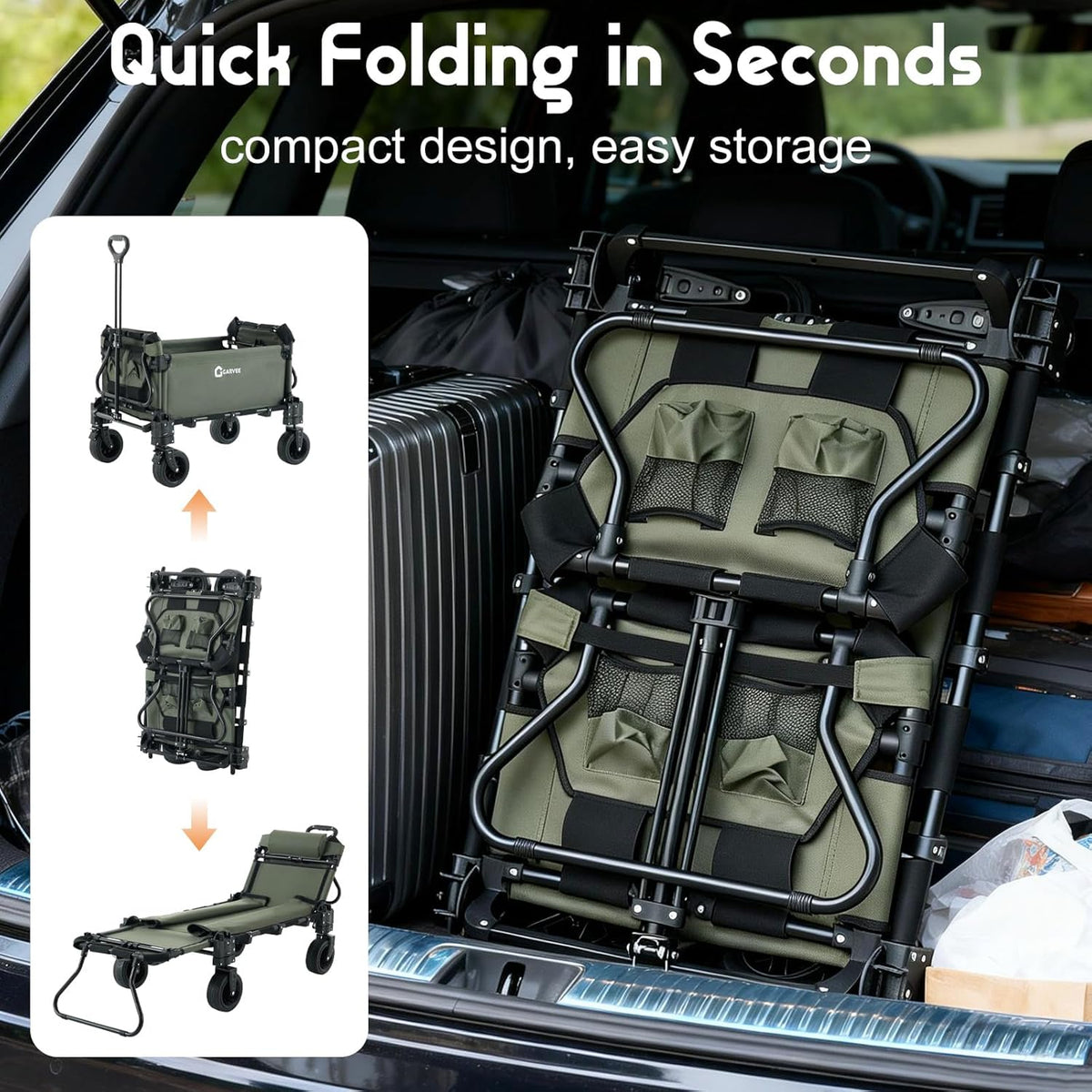 Garvee Army Green 2 in 1 Foldable Festival Trolley Camping Wagon 295 kg  Capacity Converts to Bench Seat and Lounge Chair with Adjustable Handle All Terrain Wheels and Carbon Steel Frame