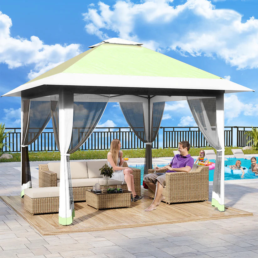Garvee 396 x 396cm Canopy Tent Pop Up Gazebo With Mosquito Netting For Backyard Parties BBQs Olive Green