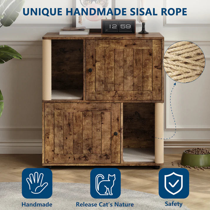 Garvee Double Layer Cat Litter Box Furniture With Scratching Post And Litter Mats, Wooden Corner Cabinet Cat Washroom Bed, Multi-Functional, Easy To Clean, Easy Assembly
