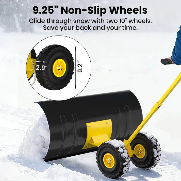 Garvee 29 Inch Bi-Directional Snow Pusher with Wheels Angled Blade Rolling Snow Plough with Adjustable Handle for Driveway and Garden Path