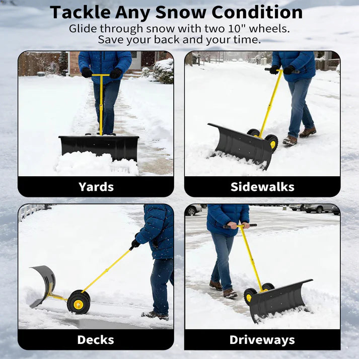 Garvee 36 Inch Snow Pusher Heavy Duty Steel Snow Shovel with Wheels Adjustable Handle for Driveway and Pavement
