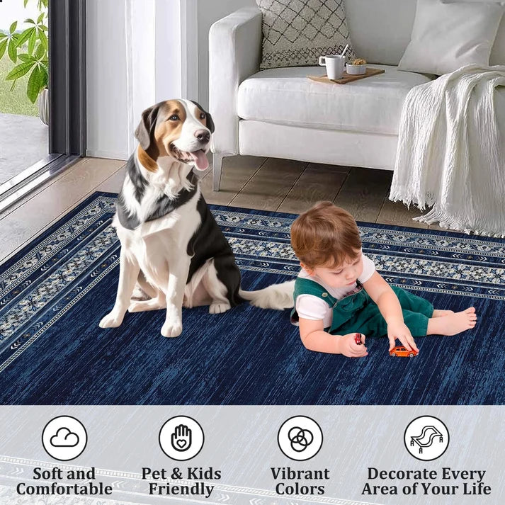 Garvee 240 × 340 cm Navy Blue Washable Bordered Area Rug, Non Slip Low Pile Non Shedding Rug, Modern Distressed Geometric Rug for Living Room Dining Room Bedroom