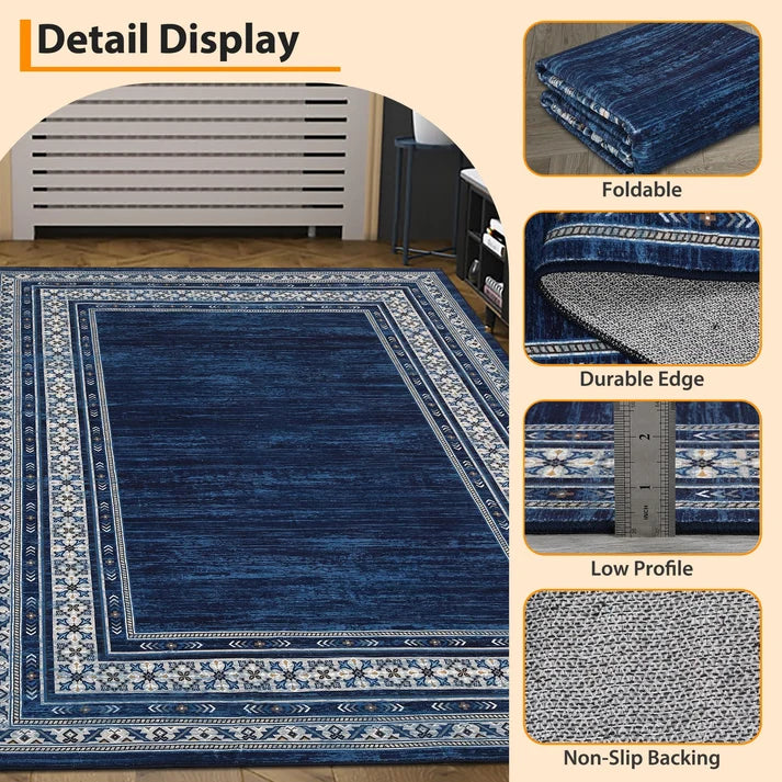Garvee 240 × 340 cm Navy Blue Washable Bordered Area Rug, Non Slip Low Pile Non Shedding Rug, Modern Distressed Geometric Rug for Living Room Dining Room Bedroom