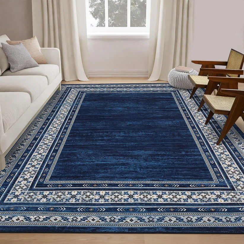 Garvee 240 × 340 cm Navy Blue Washable Bordered Area Rug, Non Slip Low Pile Non Shedding Rug, Modern Distressed Geometric Rug for Living Room Dining Room Bedroom