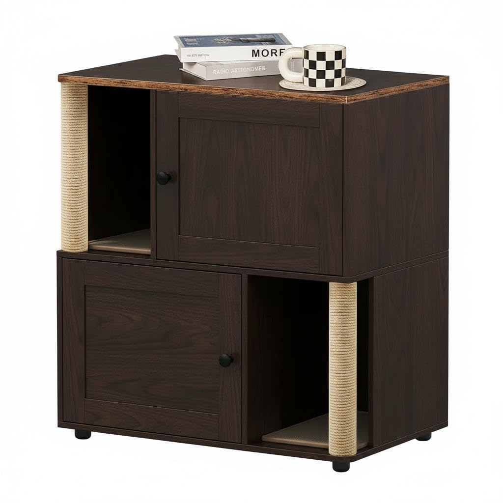 Garvee Double Cat Litter Tray Enclosure for 2 Cats – Hidden Washroom Furniture – Modern Rustic Wooden Side Table – Natural Wood