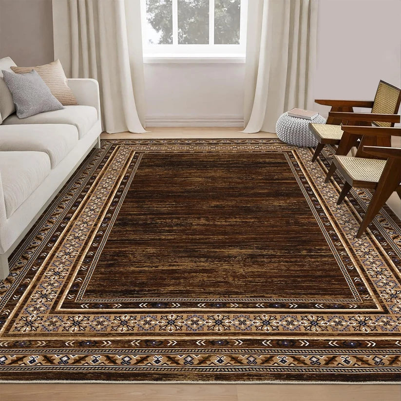 Garvee 200 × 290 cm Red-Brown Washable Bordered Area Rug, Non Slip Low Pile Non Shedding Rug, Modern Distressed Geometric Rug for Living Room Dining Room Bedroom