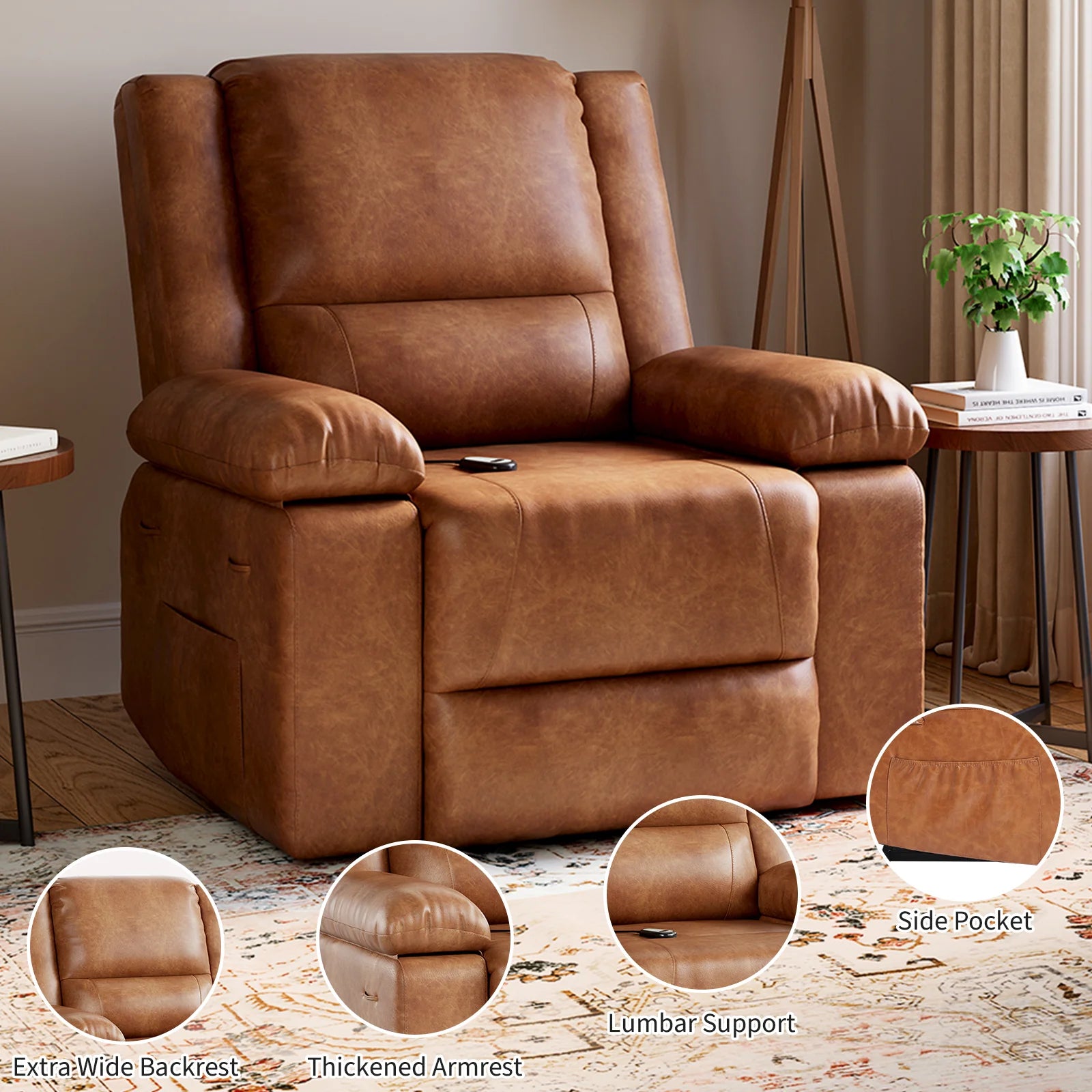 Garvee Electric Power Lift Riser Recliner Chair for Elderly Massage & Heat Vibration Sofa with USB Port and Cup Holders Brown PU Leather