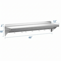 Garvee 152x30cm Wall Mounted Kitchen Shelf with Upstand – Heavy Duty Stainless Steel Storage Rack with 7 Hooks – For Home & Commercial Catering