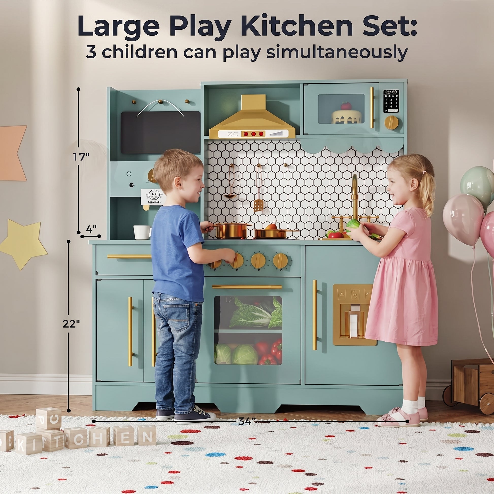 GARVEE Kids Wooden Play Kitchen Set Non-Toxic Smooth Edges Pretend Toy Kitchen Accessories Microwave Ice Maker Birthday Christmas Gift Green