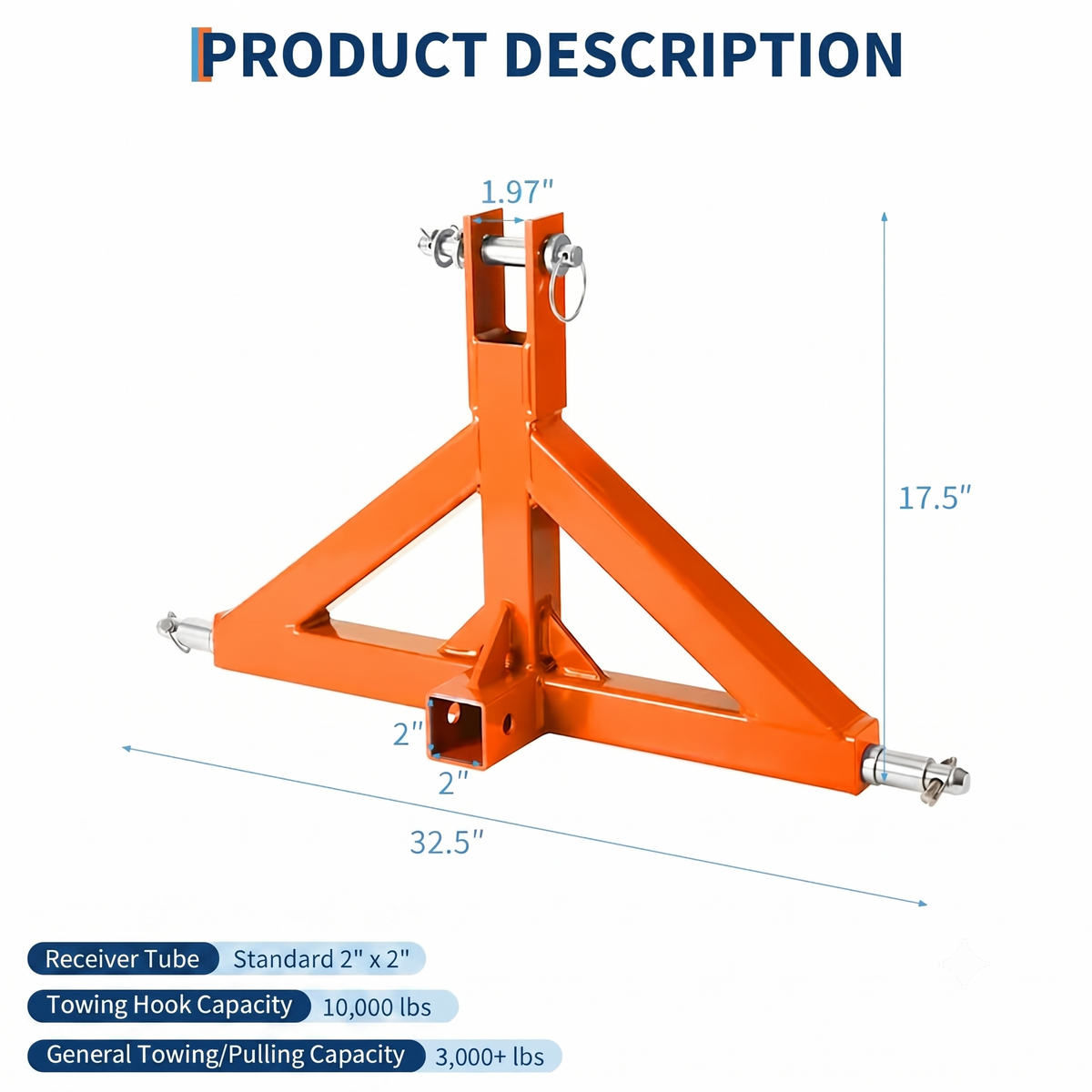 Garvee 3 Point Hitch Receiver 2" with Towing Hook for Category 1 Tractors, Quick Hitch Drawbar Adapter, Orange
