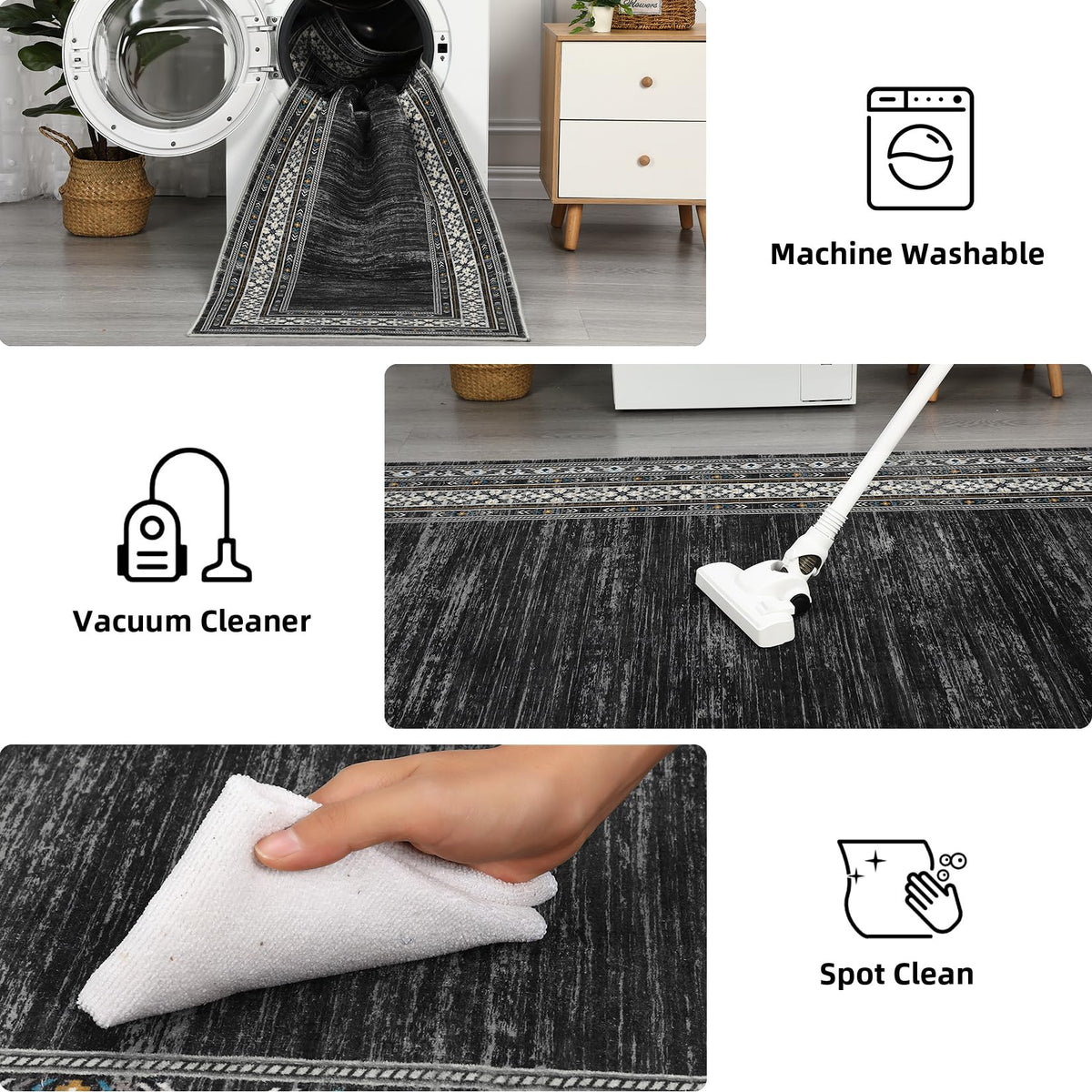 Garvee 200 × 290 cm Dark Grey Washable Bordered Area Rug, Non Slip Low Pile Non Shedding Rug, Modern Distressed Geometric Rug for Living Room Dining Room Bedroom