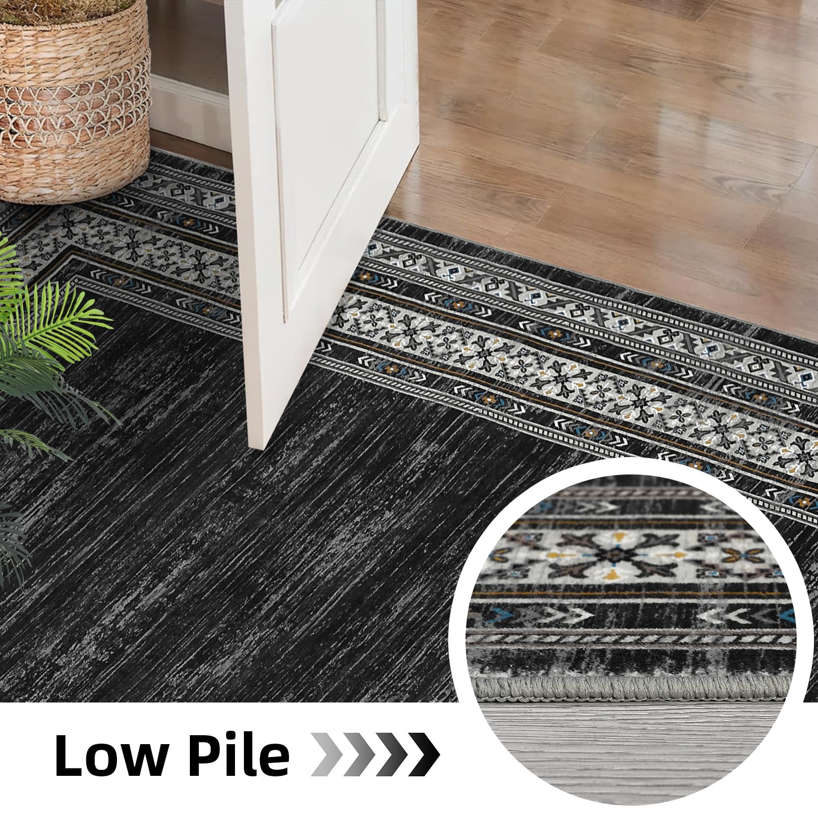 Garvee 200 × 290 cm Dark Grey Washable Bordered Area Rug, Non Slip Low Pile Non Shedding Rug, Modern Distressed Geometric Rug for Living Room Dining Room Bedroom