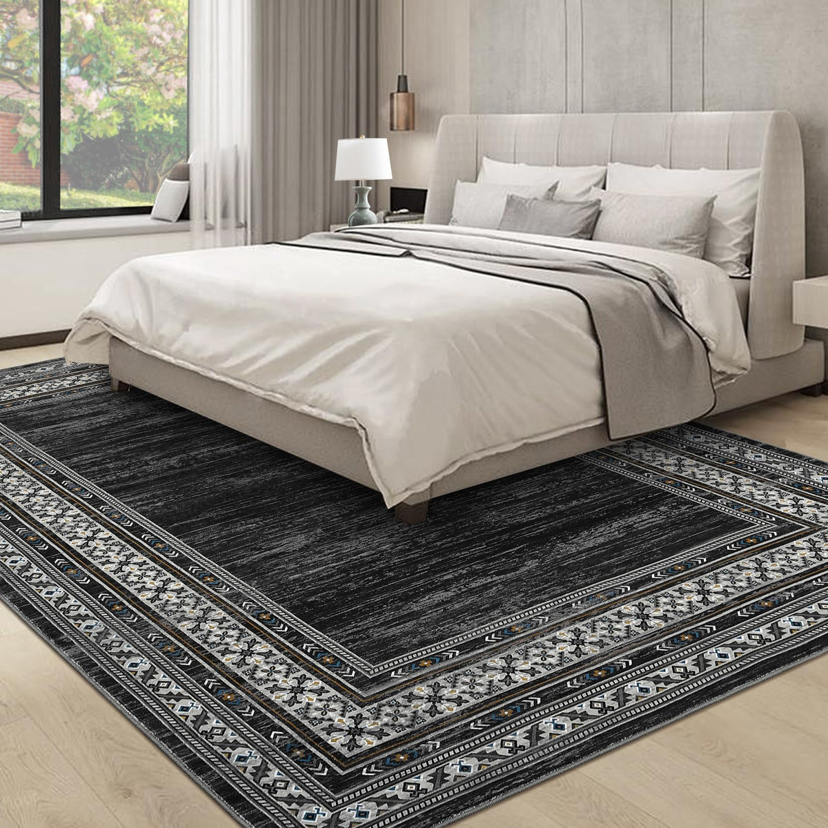Garvee 200 × 290 cm Dark Grey Washable Bordered Area Rug, Non Slip Low Pile Non Shedding Rug, Modern Distressed Geometric Rug for Living Room Dining Room Bedroom