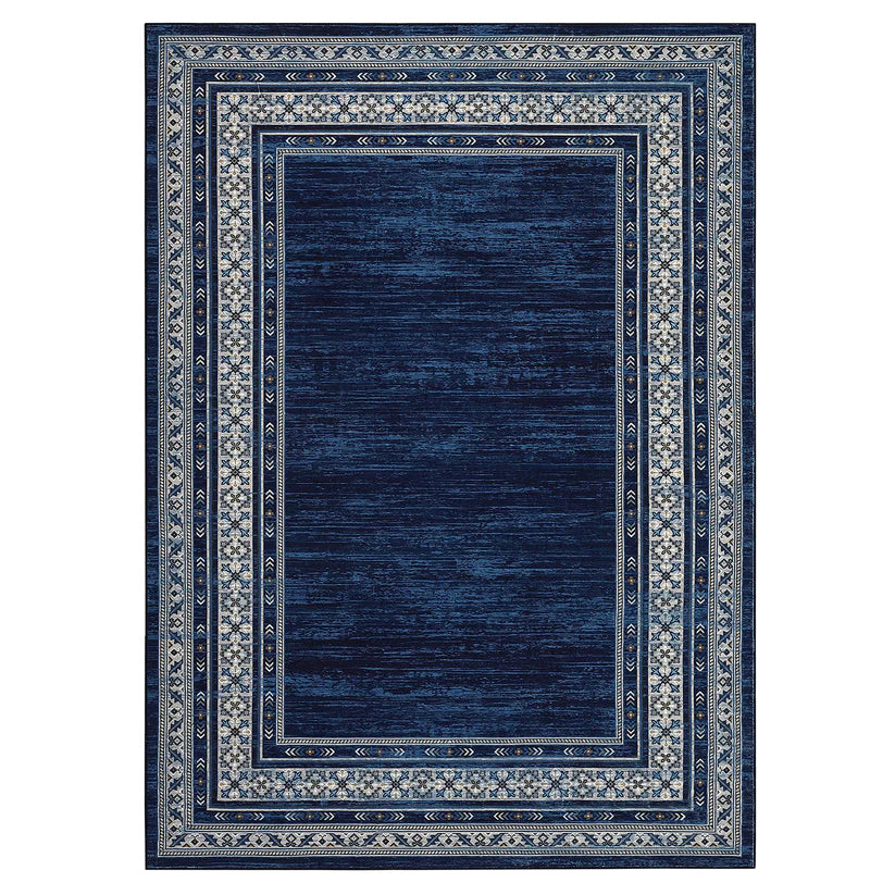 Garvee 120 × 170 cm Navy Blue Washable Bordered Area Rug, Non Slip Low Pile Non Shedding Rug, Modern Distressed Geometric Rug for Living Room Dining Room Bedroom