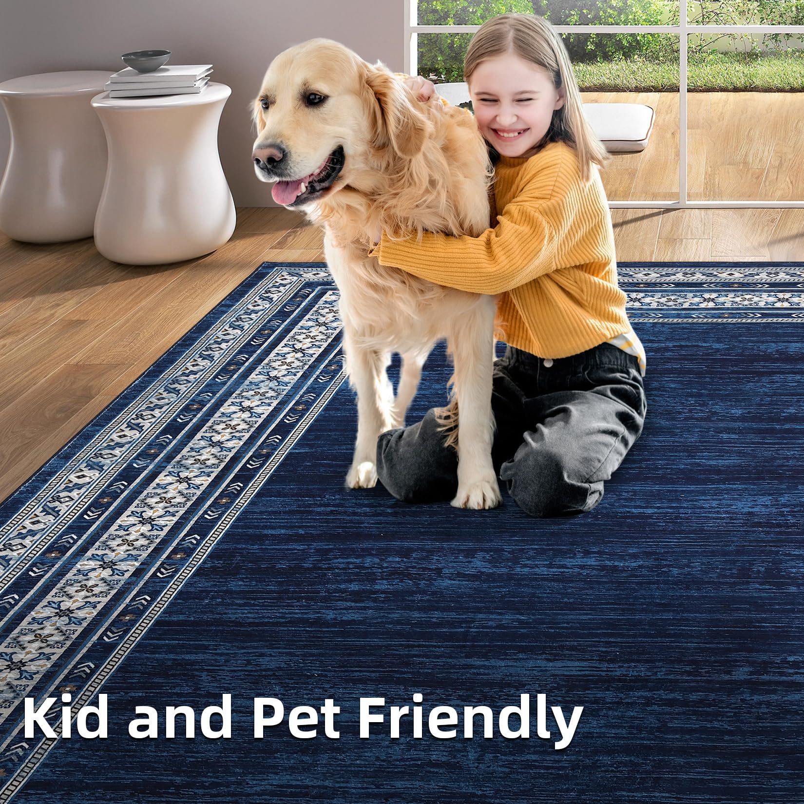 Garvee 120 × 170 cm Navy Blue Washable Bordered Area Rug, Non Slip Low Pile Non Shedding Rug, Modern Distressed Geometric Rug for Living Room Dining Room Bedroom