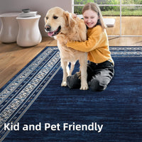 Garvee 120 × 170 cm Navy Blue Washable Bordered Area Rug, Non Slip Low Pile Non Shedding Rug, Modern Distressed Geometric Rug for Living Room Dining Room Bedroom