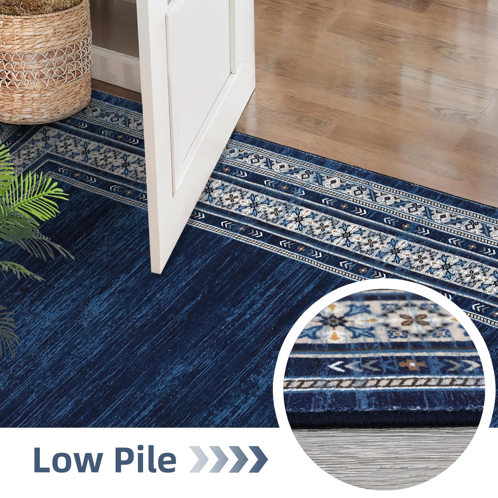 Garvee 120 × 170 cm Navy Blue Washable Bordered Area Rug, Non Slip Low Pile Non Shedding Rug, Modern Distressed Geometric Rug for Living Room Dining Room Bedroom