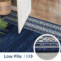 Garvee 120 × 170 cm Navy Blue Washable Bordered Area Rug, Non Slip Low Pile Non Shedding Rug, Modern Distressed Geometric Rug for Living Room Dining Room Bedroom