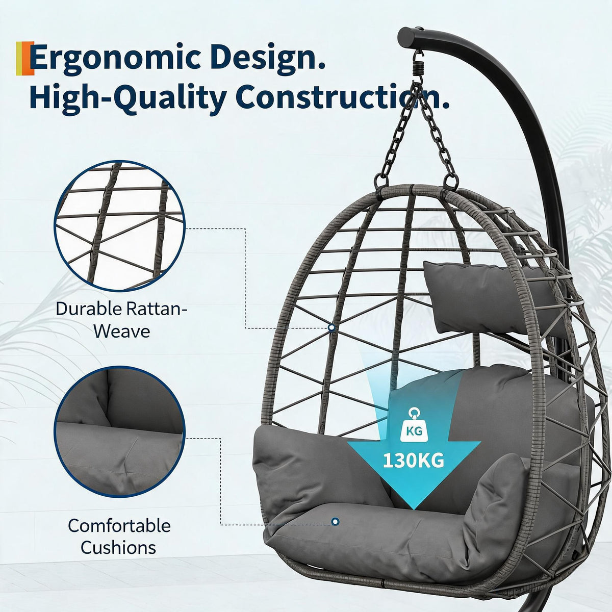 Garvee Grey Rattan Hanging Egg Chair with Stand 130 kg Capacity Comfortable Cushions and Dust Cover for Garden and Balcony