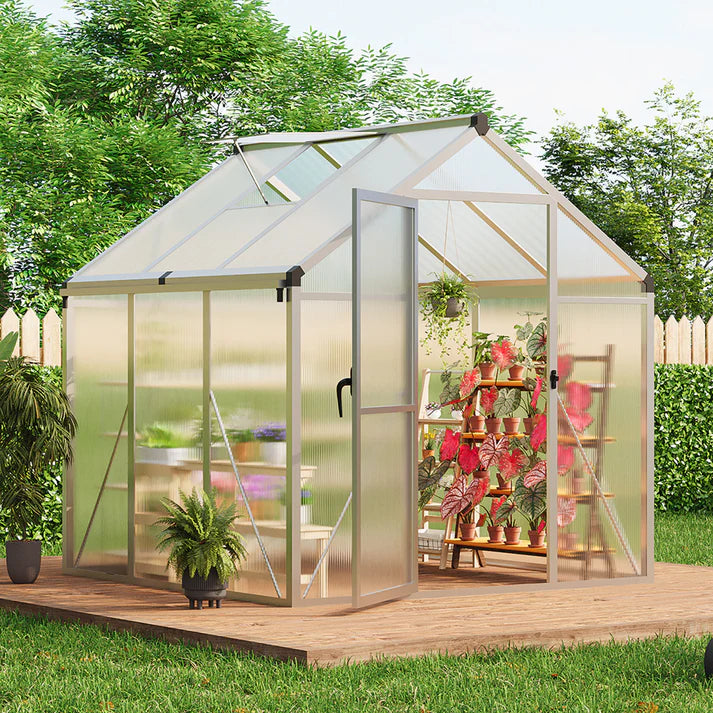 Garvee 6x8 FT Walk-In Greenhouse Aluminium Frame Polycarbonate Garden Green House with Base Sliding Door and Roof Vent Silver
