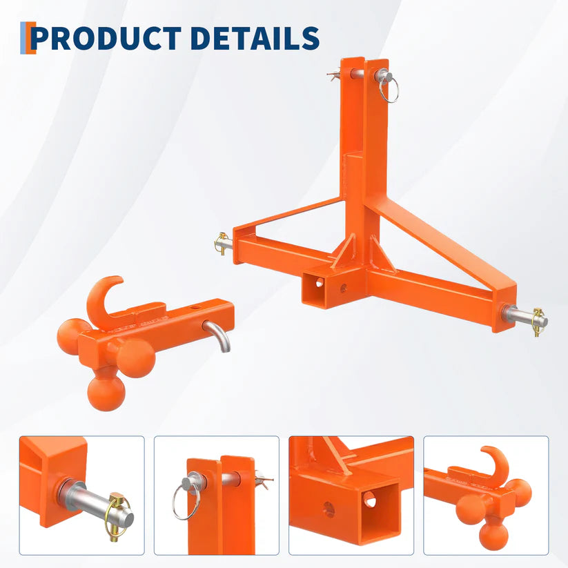 Garvee Orange 3-Point Hitch Receiver Category 1 Heavy-Duty Tractor Attachment with 5 cm Trailer Hitch Receiver for Compact and Sub-Compact Tractors