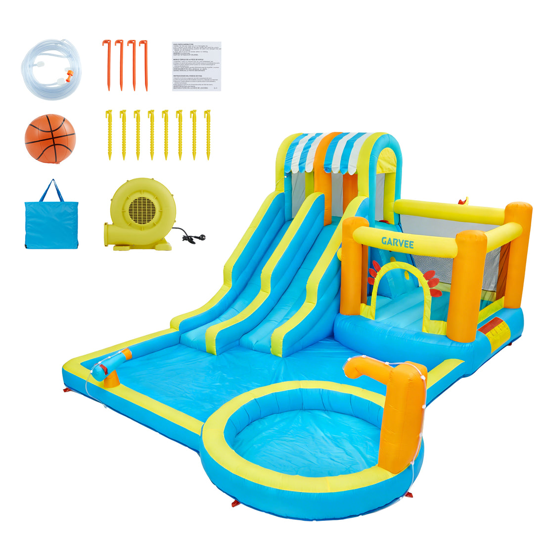 Garvee 9 in 1 Inflatable Water Slide Park for Backyard Dual Racing Slides Climbing Wall Trampoline Splash Pool 483x381x242 cm