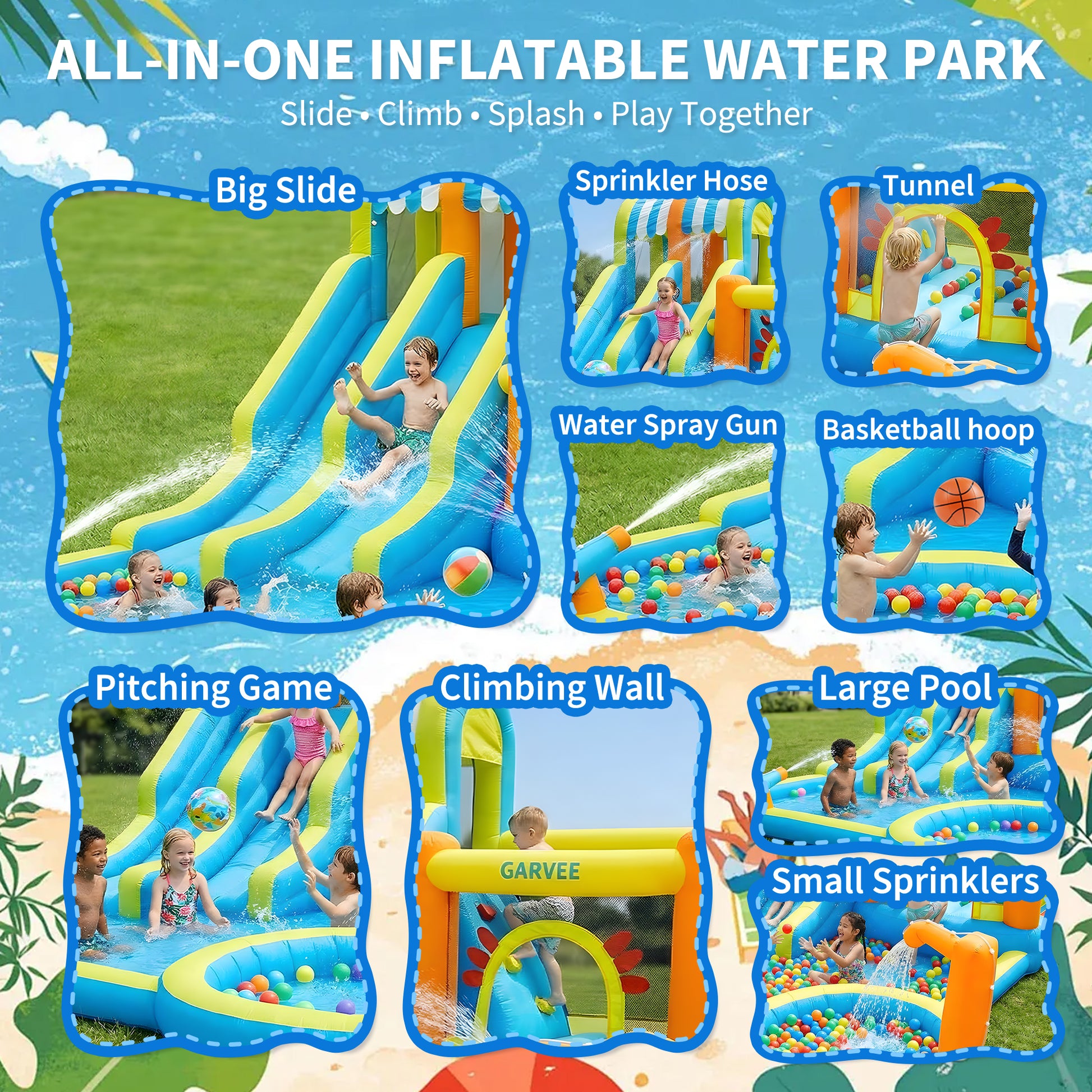 Garvee 9 in 1 Inflatable Water Slide Park for Backyard Dual Racing Slides Climbing Wall Trampoline Splash Pool 483x381x242 cm