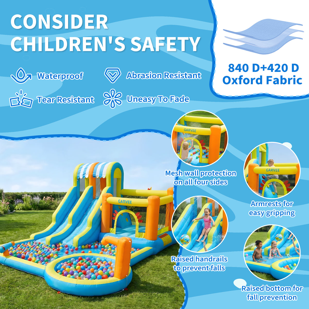 Garvee 9 in 1 Inflatable Water Slide Park for Backyard Dual Racing Slides Climbing Wall Trampoline Splash Pool 483x381x242 cm