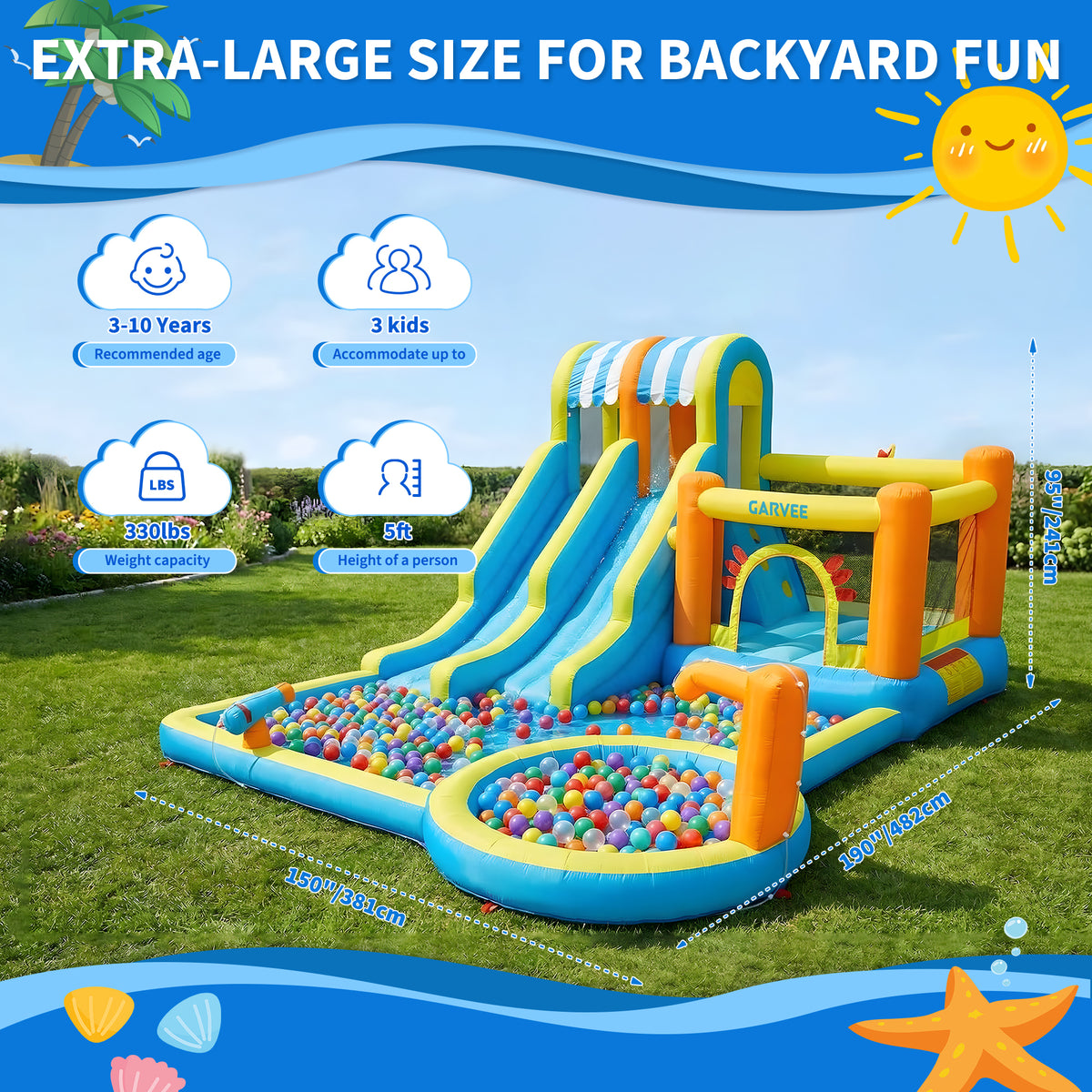 Garvee 9 in 1 Inflatable Water Slide Park for Backyard Dual Racing Slides Climbing Wall Trampoline Splash Pool 483x381x242 cm