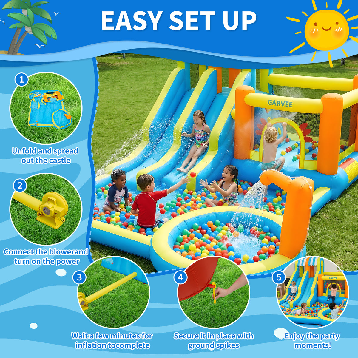 Garvee 9 in 1 Inflatable Water Slide Park for Backyard Dual Racing Slides Climbing Wall Trampoline Splash Pool 483x381x242 cm