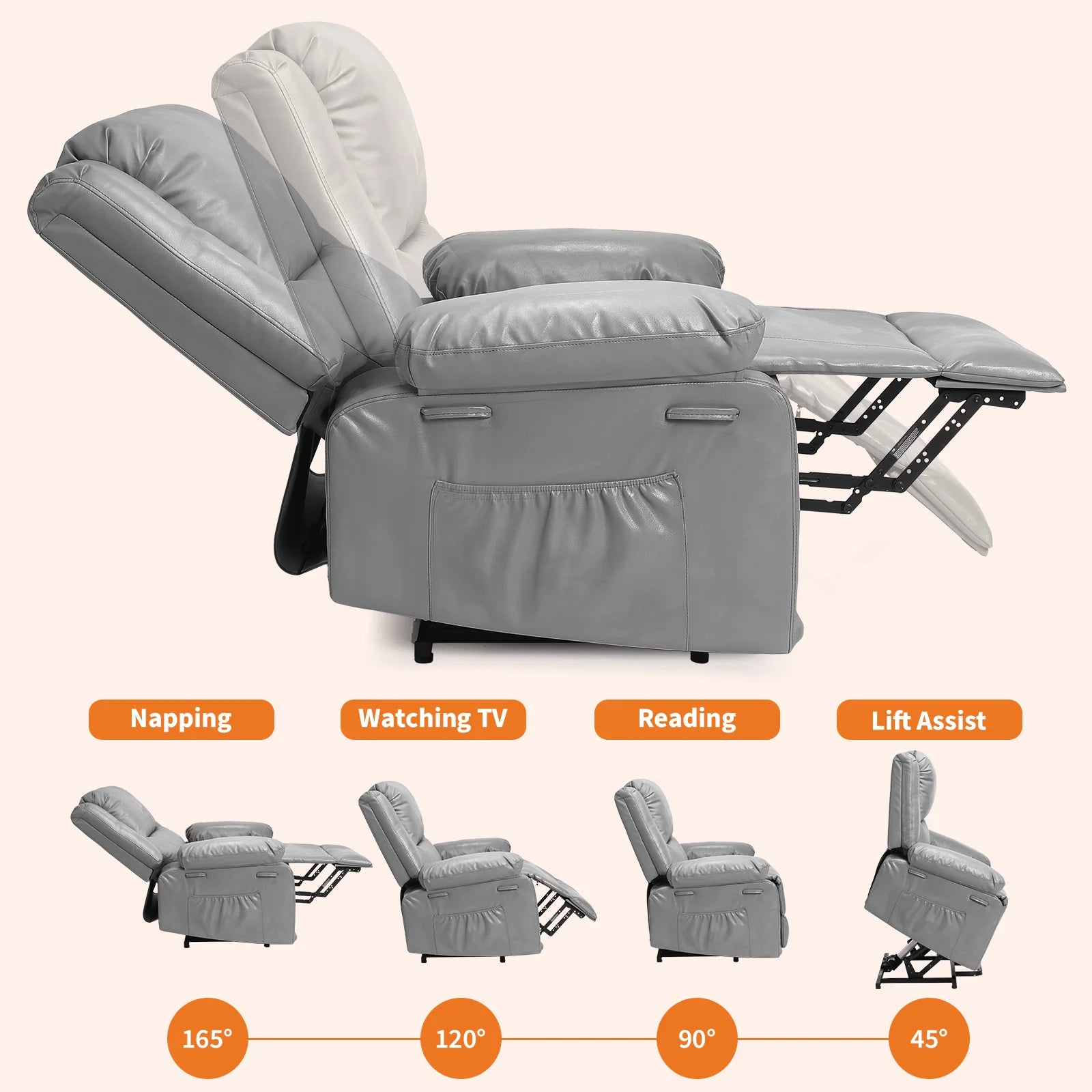 Garvee Electric Power Lift Riser Recliner Chair for Elderly Massage & Heat Vibration Sofa with USB Port and Cup Holders Grey PU Leather