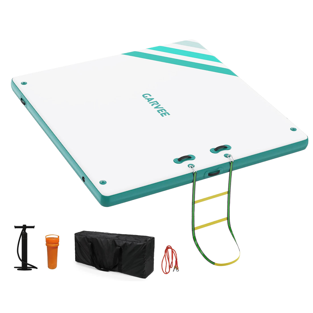 Garvee Green 300 x 300 cm Inflatable Floating Dock , Heavy-Duty Swim Platform with Non-Slip EVA Pad, Portable Lake Float with Hand Pump and Ladder, Large Capacity Water Island for Pool and Beach