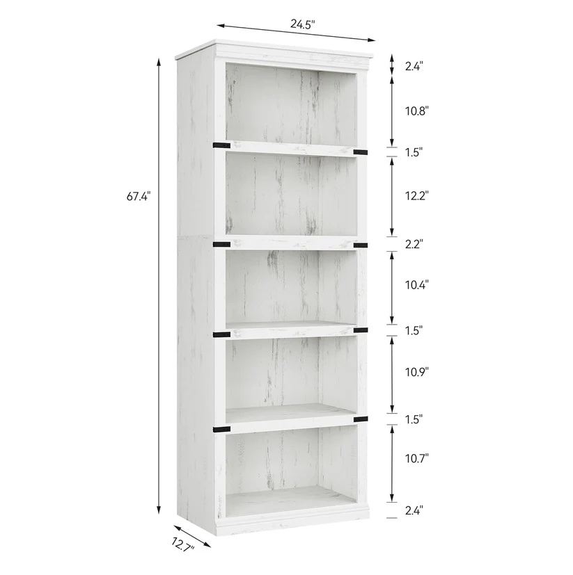 Garvee 5-Tier Farmhouse Bookcase Tall Industrial Bookshelf with Metal Frame and X-Design Support Open Storage Display Shelves for Home Office Living Room White