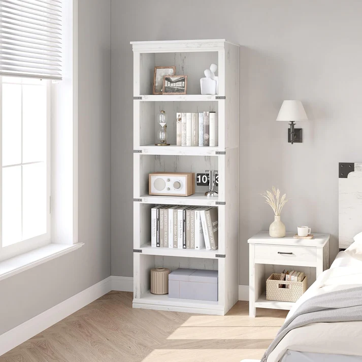 Garvee 5-Tier Farmhouse Bookcase Tall Industrial Bookshelf with Metal Frame and X-Design Support Open Storage Display Shelves for Home Office Living Room White