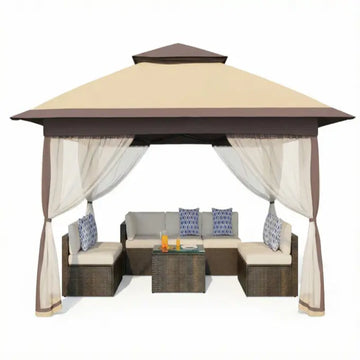 Garvee 3x3 m Khaki Pop Up Foldable Garden Gazebo Canopy 2.65 m Height with Rain Gutter and Waterproof 300D Oxford Fabric for Outdoor Events 50+ UV Resistance
