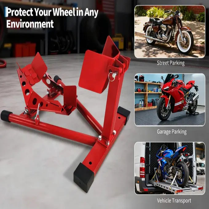Garvee Red Heavy Duty Steel Universal Motorbike Wheel Chock and Stand 680 kg Capacity Adjustable Fit for Trailers Garage Dirt Bikes Cruisers and Sport Bikes