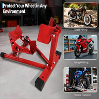 Garvee Red Heavy Duty Steel Universal Motorbike Wheel Chock and Stand 680 kg Capacity Adjustable Fit for Trailers Garage Dirt Bikes Cruisers and Sport Bikes