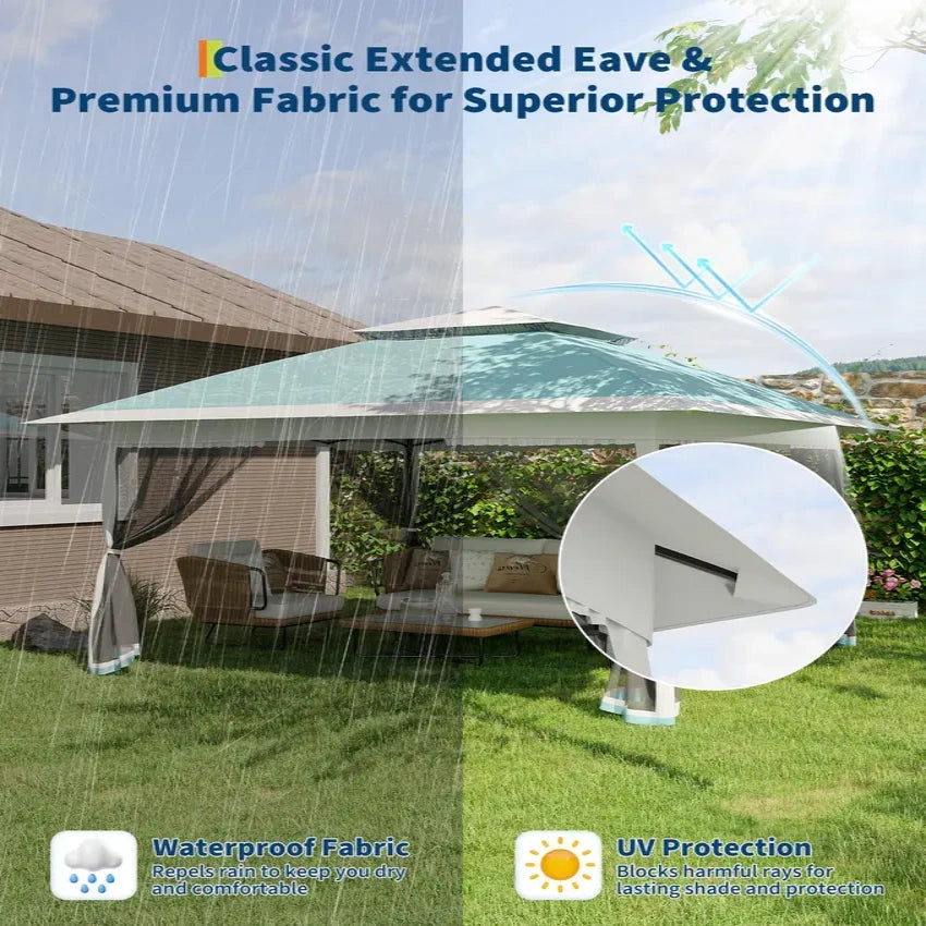 Garvee 3x3 m Sky Blue Pop Up Foldable Garden Gazebo Canopy 2.65 m Height with Rain Gutter and Waterproof 300D Oxford Fabric for Outdoor Events 50+ UV Resistance